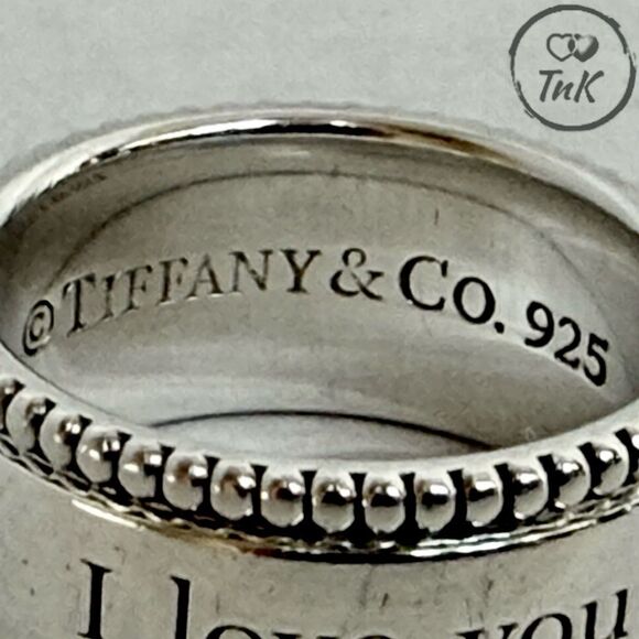 Tiffany I Love You Ring Beaded Milgrain 925 Silver Wide Band - Sz 4 - Picture 6 of 14